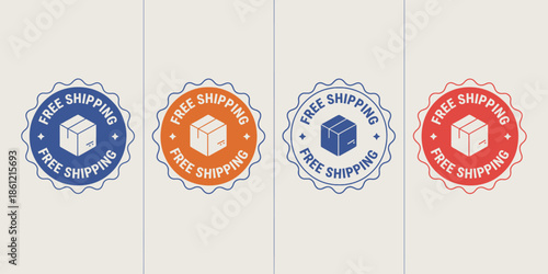 Collection of Free Shipping Badge Stickers in Blue Orange and Red Colors, E-commerce Delivery Service Promotion and Retail Marketing Label Set