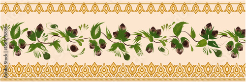 Border vector seamless pattern from hazelnut sprigs, leaves and nuts on a beige background with golden oriental frieze