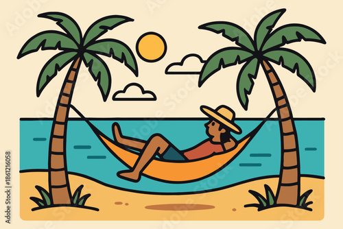 Relaxing summer vacation illustration of a person lying in a hammock on the beach