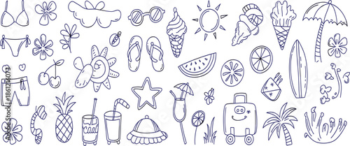Hand drawn blue summer travel vector set with bikini, surfboard, ice cream, luggage, pineapple, sunglasses and beach icons