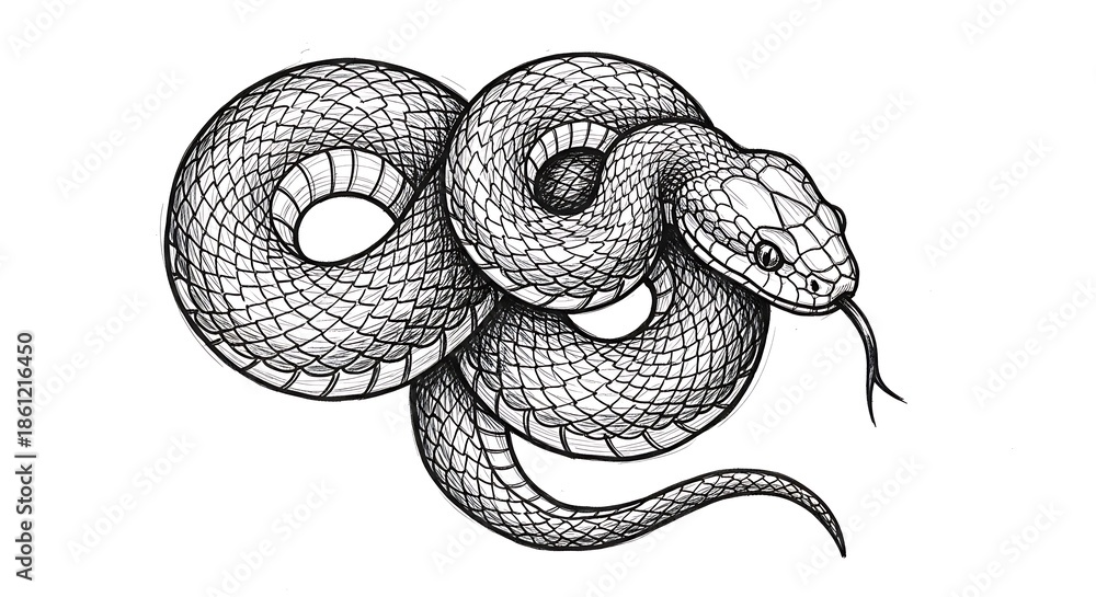 Obraz premium Detailed Snake Illustration - Coiled Serpent with Intricate Scale Pattern.