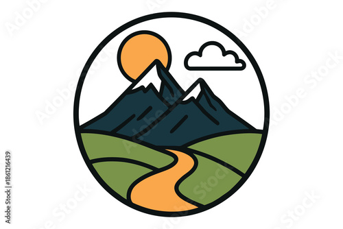 Round badge illustration of a winding road leading to snowy mountains