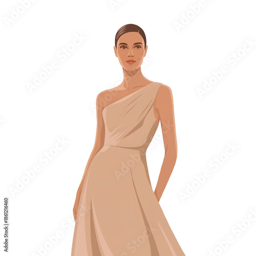 Elegant Woman in Draped One-Shoulder Dress Vector Illustration