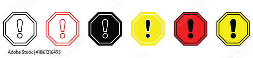 Warning and Alert Octagon Icons Set with Exclamation Mark in Multiple Colours