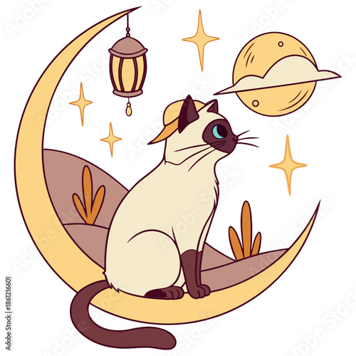 Playful expression on a Birman in a Desert sunset theme, with sitting on a moon – Sundown Glow vector art
