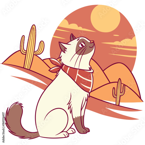 Joyful expression on a Birman in a Desert sunset theme, with with a scarf – Sundown Glow vector art