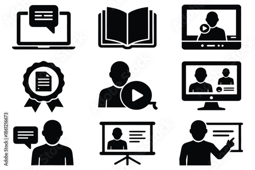 e-learning icons set, laptop with e-book, open textbook, tutorial video, certificate badge, webinar board, versatile vector icons for e-learning courses, online teaching, professional development.