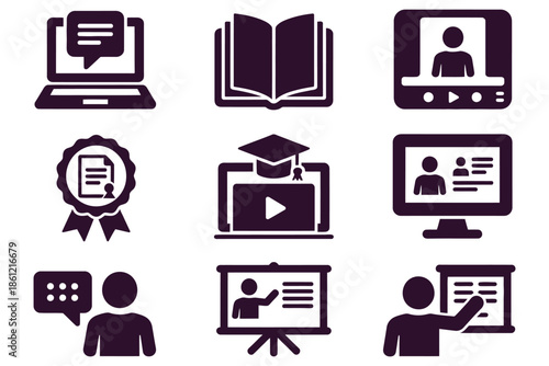 e-learning icons set, laptop with e-book, open textbook, tutorial video, certificate badge, webinar board, versatile vector icons for e-learning courses, online teaching, professional development.