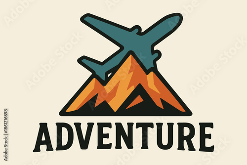 Stylized airplane flying over mountains with adventure text in retro illustration style