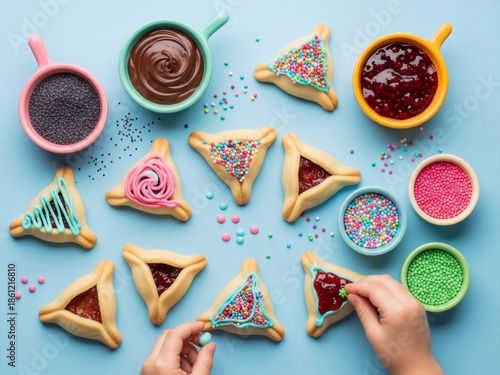 Traditional hamantaschen cookies prepared with colorful toppings, Purim Jewish holiday baking concept, family celebration and homemade sweets, ideal for holiday greetings, food blogs