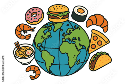 Planet Earth Surrounded by International Food and Cuisine Icons