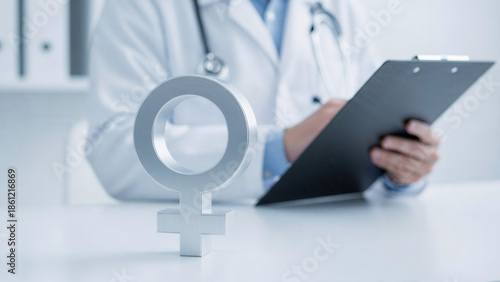 Female gender symbol in modern medical clinic with doctor holding tablet, women healthcare and medical care concept, gynecology, diagnostics and prevention, perfect for hospital websites, health