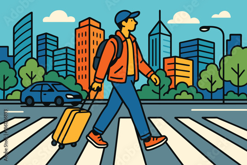 Young traveler with suitcase walking across city street crosswalk illustration