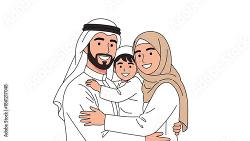 Happy smiling Middle Eastern family, father, mother, and young son, embracing warmly in traditional attire on a white background.