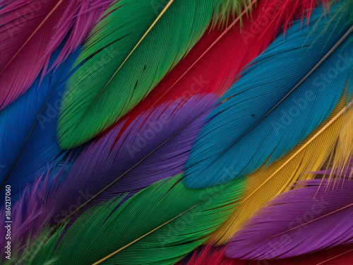 Purple, green and gold feathers arranged as luxury decorative background, vibrant texture and elegant style, ideal for fashion branding, carnival design, festive graphics, beauty