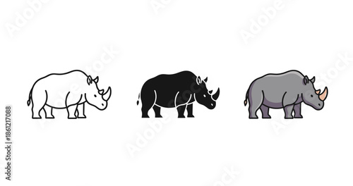 Three stylized rhino illustrations in black, white, and gray on white background