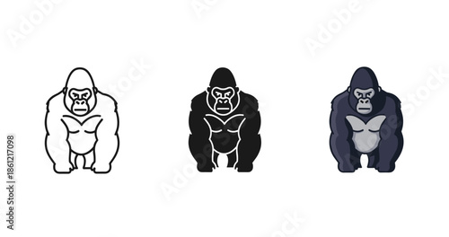 Three gorillas: black, outlined, and colorful in different styles