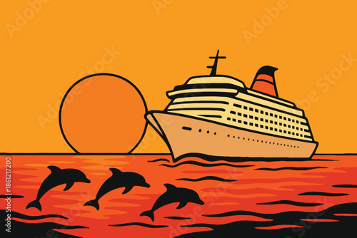 Luxury Cruise Ship Sailing at Sunset with Dolphins Jumping in the Ocean