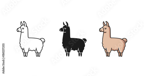 Illustration of three llamas: white, black, and brown variations