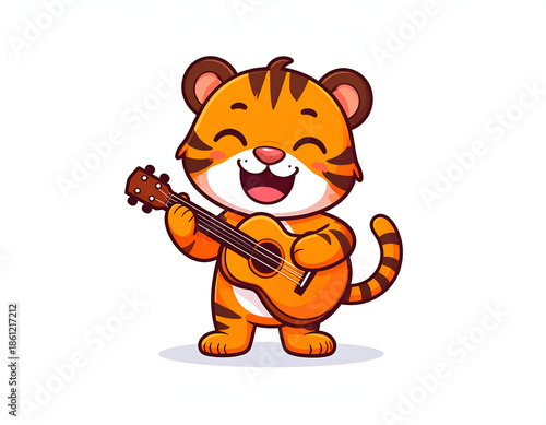 Joyful Tiger Character Playing a Small Guitar with Cheerful Expression, Cute Cartoon Illustration Conveying Music, Fun, and Positive Energy