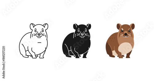 Cute stylized hamster illustrations in black, white, and color variations