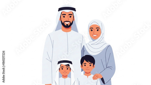 Happy smiling Middle Eastern family, including father, mother, and two young sons, standing together in traditional attire.