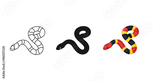 Illustration of three snakes: outline, black, and coral snake patterns on white background