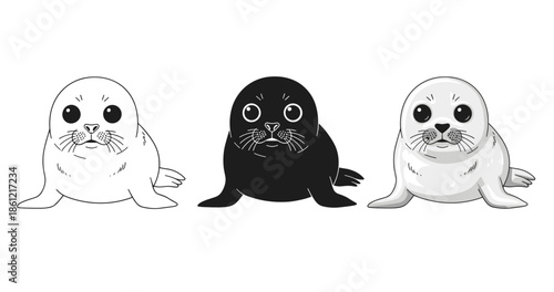 Adorable cartoon seals in black, white, and gray variants on white background