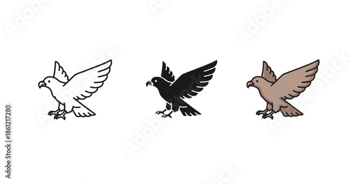 Set of three flying bird icons in white, black, and brown variations