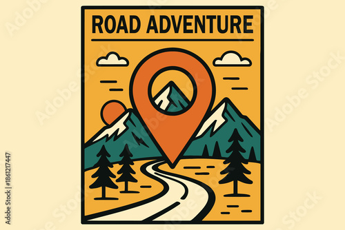Road adventure badge with map pin location over mountain landscape