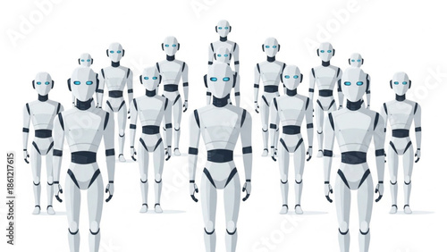 Large group of identical humanoid robots in white with blue accents and glowing eyes, standing in perfect formation.