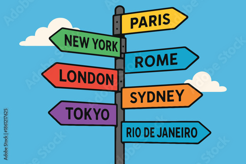 Colorful signpost pointing to major world cities like Paris New York and Tokyo