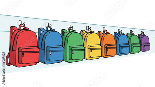 Vibrant row of colorful school backpacks in various shades, neatly hanging on hooks against a light blue wall.