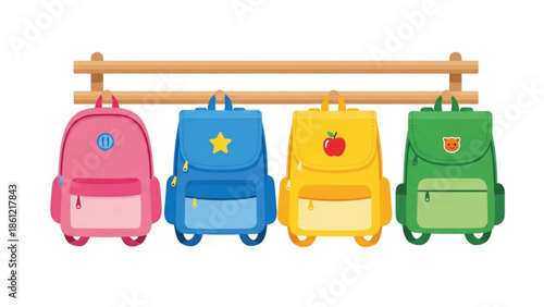 Four charming colorful children's school backpacks with playful designs, neatly hanging on a wooden rack.