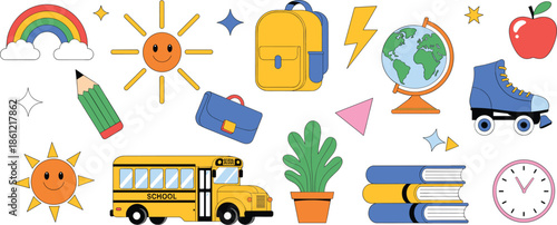 Colorful school education vector set featuring yellow school bus, backpack, globe, books, rainbow, smiling sun and apple icons
