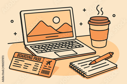 Digital Nomad Workspace with Laptop, Coffee and Flight Boarding Pass Ticket