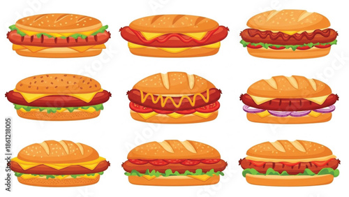 Assortment of nine appetizing hot dog illustrations, each featuring unique toppings and styles for a diverse menu selection.