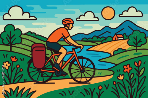 Bicycle tourist cycling through a beautiful rural hilly landscape