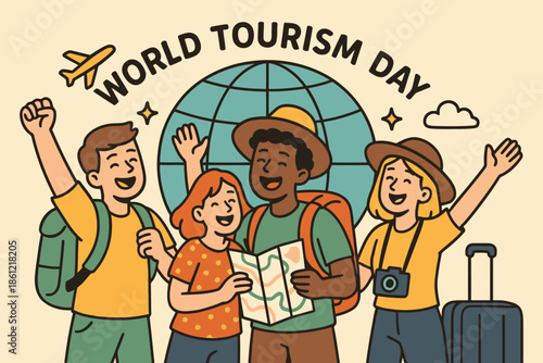 Diverse Group of Travelers Celebrating World Tourism Day with Map and Backpacks