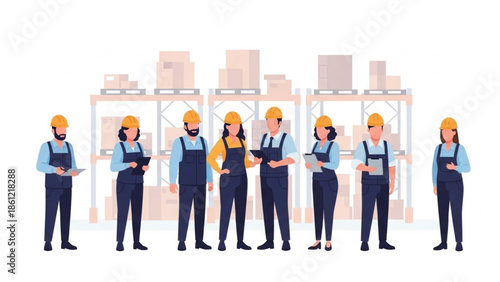 Diverse team of male and female warehouse workers wearing hard hats and overalls, inspecting inventory in front of stocked shelves.