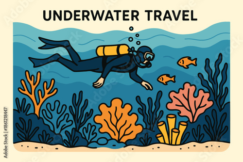 Scuba Diver Exploring Colorful Coral Reef with Tropical Fish Underwater