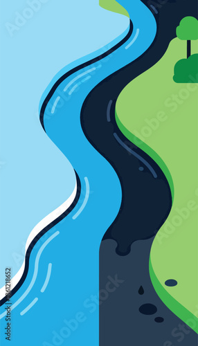 A vibrant, stylized depiction of a curving river with a dark, polluted section next to lush green land
