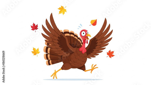 Frightened cartoon turkey running with widely spread wings, surrounded by falling colorful autumn leaves, symbolizing Thanksgiving.