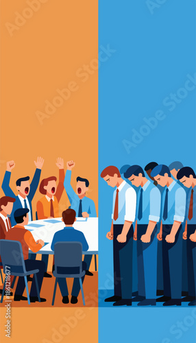 Two groups of stylized people, one celebrating, one in despair