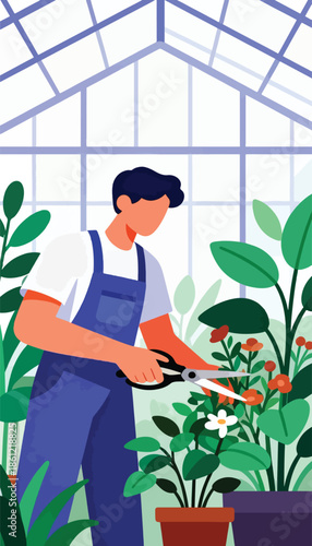 Person tending plants with scissors inside a greenhouse