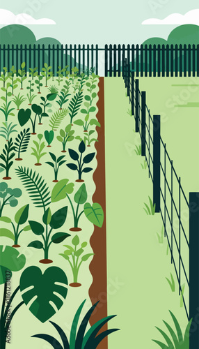 Lush garden with diverse plants, a dark fence, and rolling hills under a cloudy sky