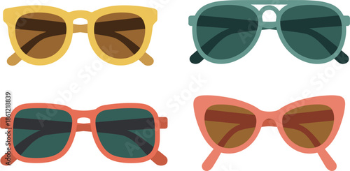 Set of four colorful vector sunglasses in retro styles featuring yellow, teal, orange and pink frames for summer