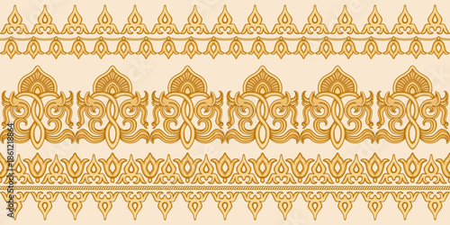 Vector border seamless pattern of oriental golden scrolls on a beige background. 5 pattern brushes in a brush pallet