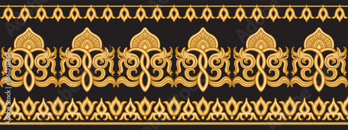 Vector border seamless pattern of oriental golden scrolls on a black background. 4 pattern brushes in a brush pallet