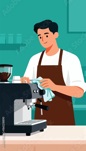 Barista cleaning espresso machine, with beans grinder and shelves in background